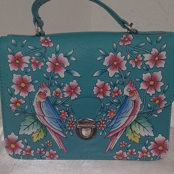 NWT Chic, Genuine Leather Hand Painted,Teal Floral Crossbody Bag with Bird Motif - Picture 1 of 6